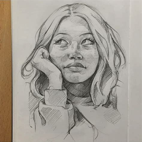 A Pencil Drawing Of A Woman With Her Hand On Her Face