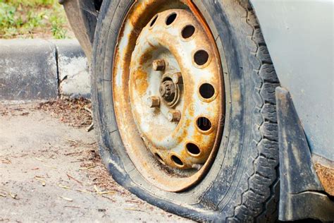 Flat Tire Of Old Car Outdoors Stock Photo Image Of Broken Dirty