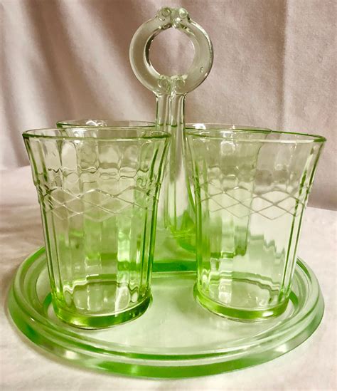 Antique Green Westmoreland Depression Glass Serving Set Of Four Juice Glasses With Caddy
