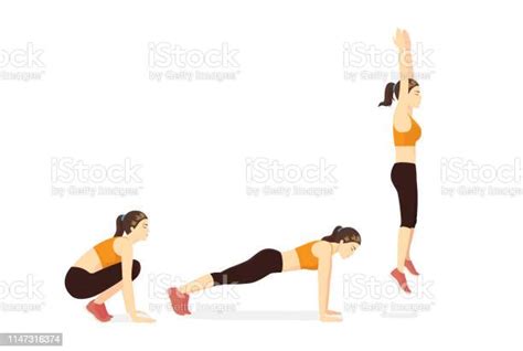 Exercise Guide With Woman Doing The Squat Thrust Burpee Position In 3
