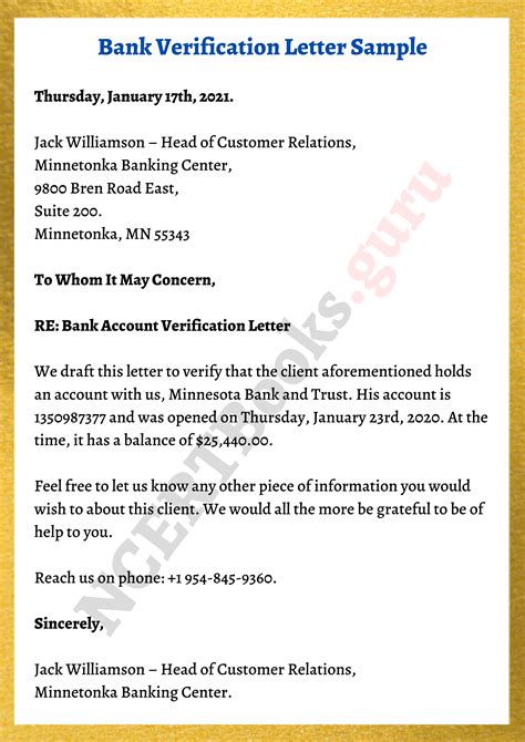 Sample Bank Account Verification Letter