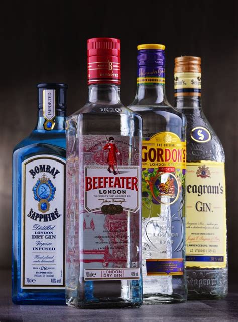 Four Bottles Of Popular Gin Brands Editorial Image Image Of Liquor