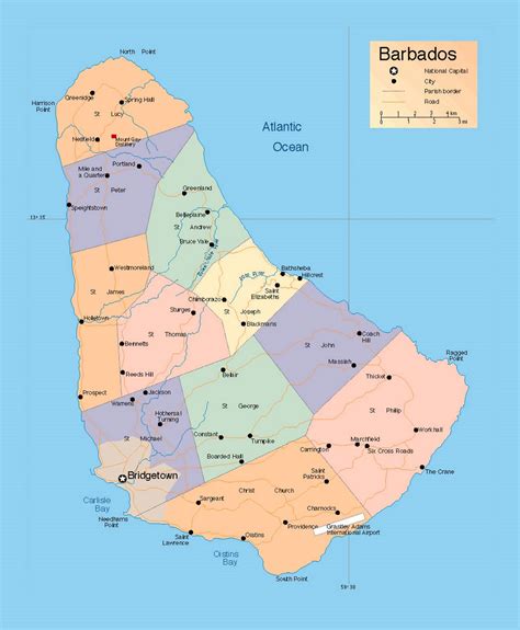 Detailed Administrative Map Of Barbados With Roads And Cities Barbados North America