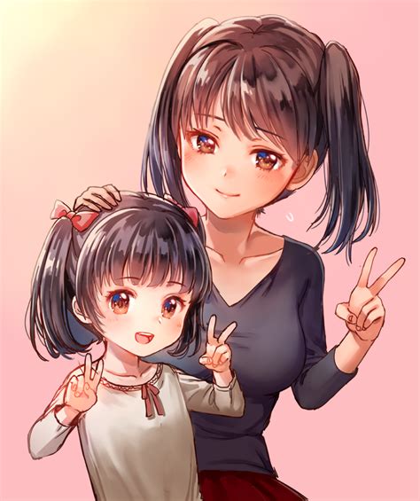 Safebooru Girls Age Difference Bangs Black Hair Blush Breasts Brown Eyes Collarbone Double V
