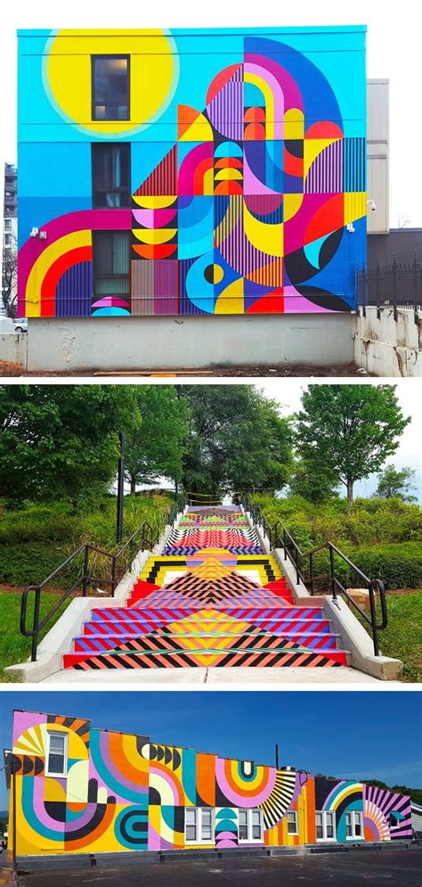 Three Different Images Of The Same Building With Colorful Murals On It