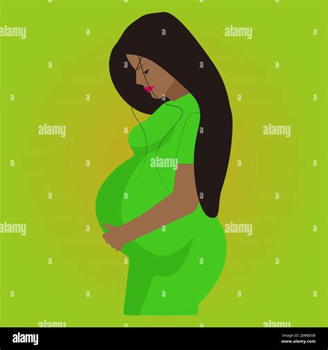 Beautiful Black Pregnant Woman With Long Hair In Green Dress Black