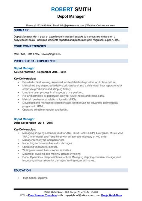 Depot Manager Resume Samples Qwikresume