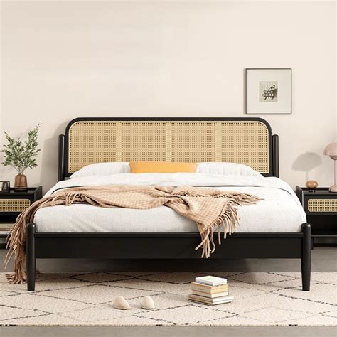 Classic Home Furniture Bedroom Solid Wooden Rattan Beds Frame King Size Double Bed Frame Queen