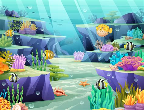 Undersea Ocean World Cartoon Illustration Underwater Life With Fishes