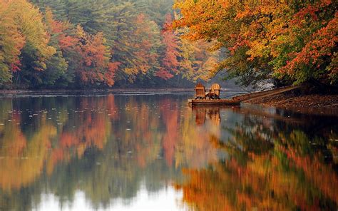 Chairs On Autumn Lake