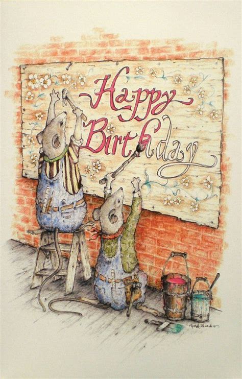 Art Greeting Card Happy Birthday Drawing Mouse Picture Painter Etsy