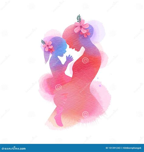 Happy Mother`s Day Side View Of Happy Mom With Daughter Silhouette Plus Abstract Watercolor
