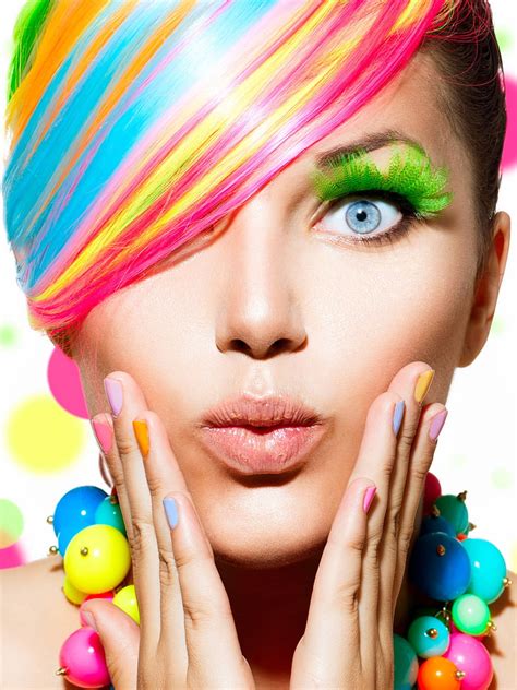Hd Wallpaper Face Rainbow Hair Blue Eyes Colorful Multi Colored