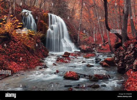 Beautiful Waterfall With Trees Red Leaves Rocks And Stones In Autumn