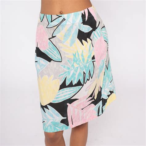 80s Tropical Skirt Pastel Palm Leaf Skirt 1980s Hippie Midi Jungle