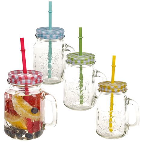 500ml Glass Drinking Cup With Handle And Straw Glasses Mason Jar Colour Lids Retro Ebay