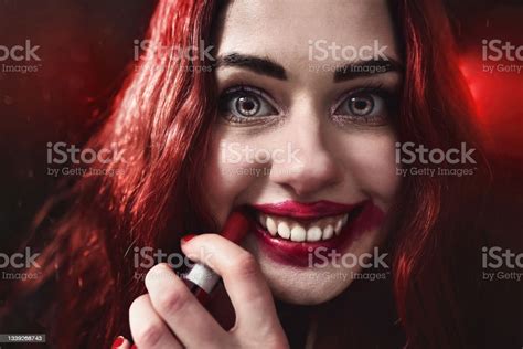 Halloween Time Portrait Of Crazylooking Psycho Woman With Red Hair She