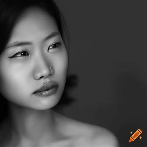 Monochrome Portrait Of An Asian Woman With Half Side In Shadow On Craiyon