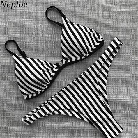 Neploe White And Black Striped Women Swimwear Two Pieces Push Up Beach