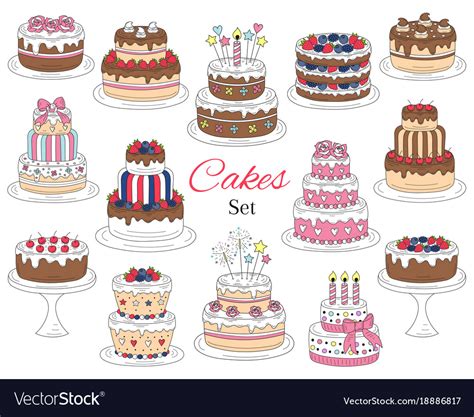 Cakes Set Hand Drawn Colorful Doodle Royalty Free Vector