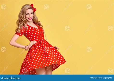 Fashion Pinup Girl In Red Polka Dots Dress Vintage Stock Image Image Of Caucasian Makeup