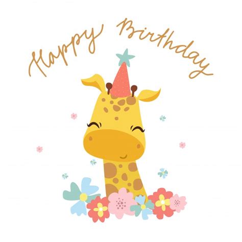 Happy Birthday Greeting Card With Cute Giraffe Free Vector
