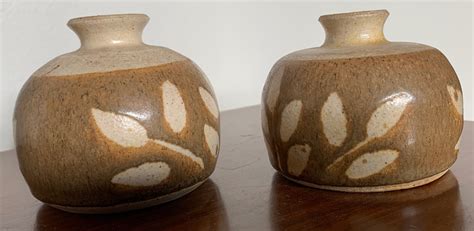 Pair Rounded Vintage Stoneware Studio Pottery Vases Vessels Mid Century