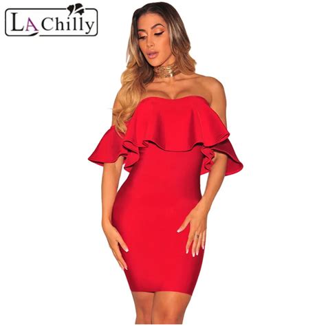 La Chilly Women Summer Dress 2018 Robe Moulante Red Ruffle Off Shoulder Bodycon Sexy Dress Club