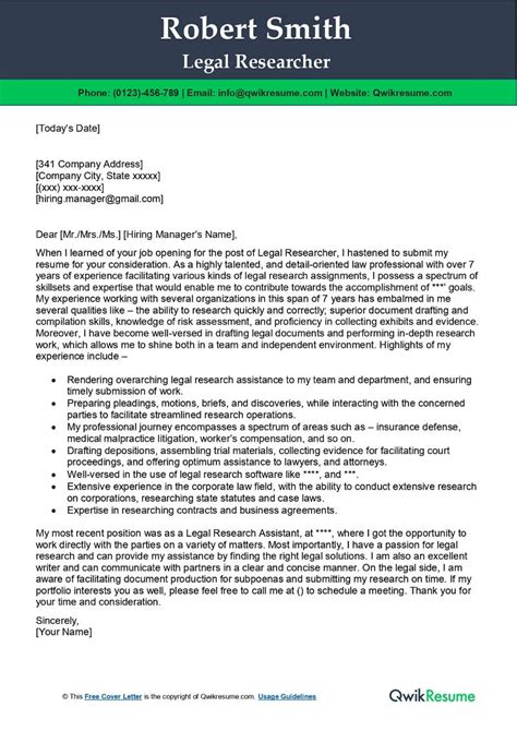 Legal Researcher Cover Letter Examples Qwikresume