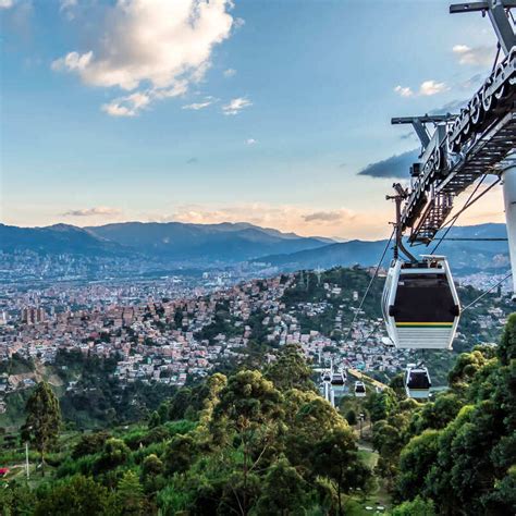 Medellin Cable Car Pictured Against The Citys Backdrop Colombia