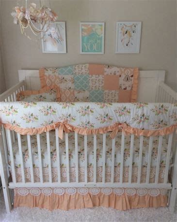 Adorable coral & mint chevron baby bedding a beautiful, reversible custom crib set custom made from specially designed fabrics includes bumper, blanket, & skirt fitted crib sheets sold in accessories fits a standard rectangular crib. Listing Image Beautiful peach coral and mint floral baby ...