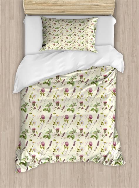 Thistle Twin Size Duvet Cover Set Vintage Pattern With Composition Of Wildflowers And Herb Such