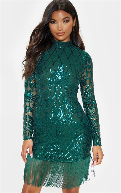 Emerald Green Sequin Tassel Hem Bodycon Dress Prettylittlething Ie