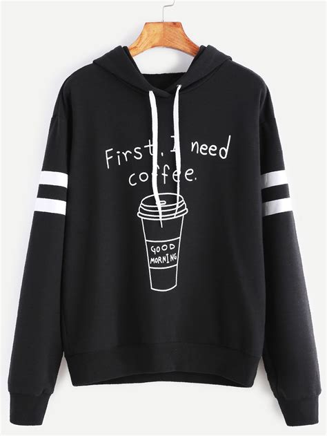shein coffee print striped sleeve hoodie hoodies funny outfits latest sweatshirts