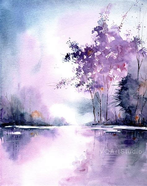 Landscape Art Print From Original Watercolor Painting Purple Etsy In