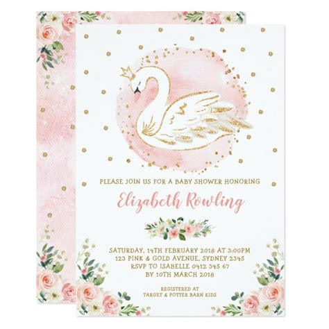 Feminine Swan Princess Pink Gold Baby Shower Invitation