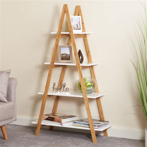 Hartleys 4 Tier White Wooden Ladder Shelf Bookcase Display Unit Bamboo