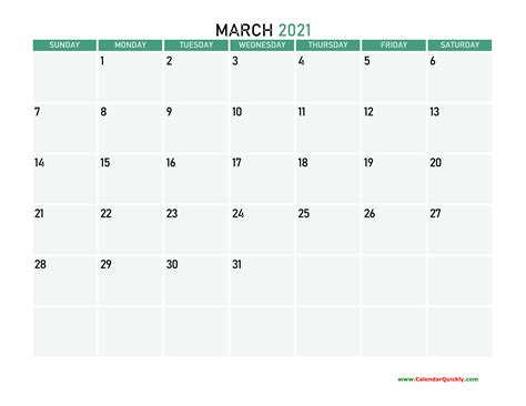 March 2021 Printable Calendar Calendar Quickly