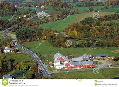 Aerial View Of Farm Near Stowe Vt In Autumn On Scenic Route 100 Stock