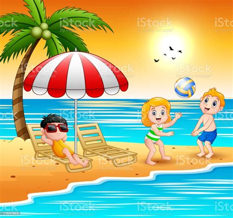 Children Playing At The Beach On Summer Holidays Stock Illustration