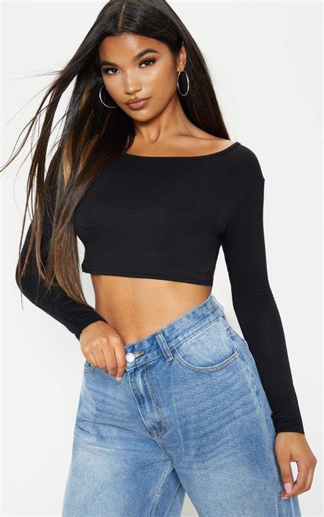 Essential Black Cotton Long Sleeve Crop Top Prettylittlething