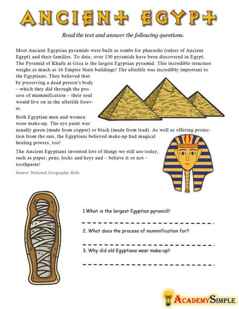 English Reading Skills Reading Comprehension Worksheet Ancient Egypt Academy Simple