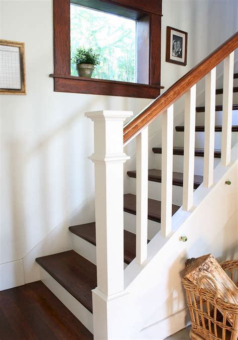 This stair area updates farmhouse look with a mission style white railing. 80 Modern Farmhouse Staircase Decor Ideas (55 | Staircase decor, Diy stairs, Stair makeover
