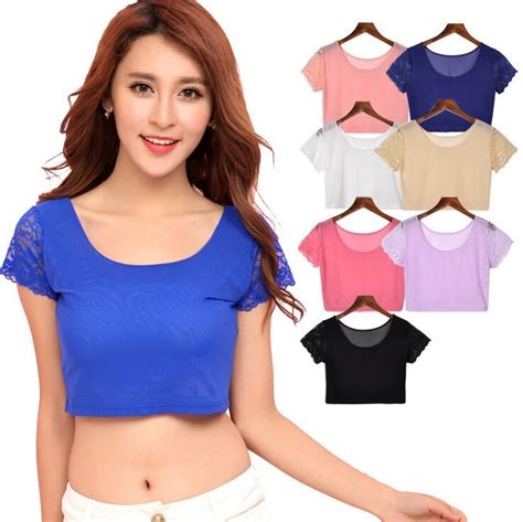 11 Colors Women Bodycon Elastic Mesh Crop Tops Patch Lace Sleeves Girl
