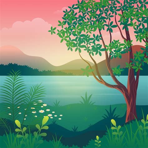 Premium Vector Sunset Lake View With Hills Trees And Mountains Vector