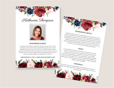 Obituary Template Funeral Memorial Card With Burgundy Red - Etsy