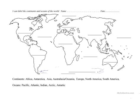 Continents And Oceans Blank Map Printable Student Can Label And Then Color The Different