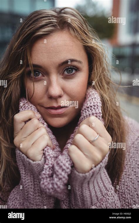 Portrait Of Beautiful Woman Wearing Sweater Stock Photo Alamy