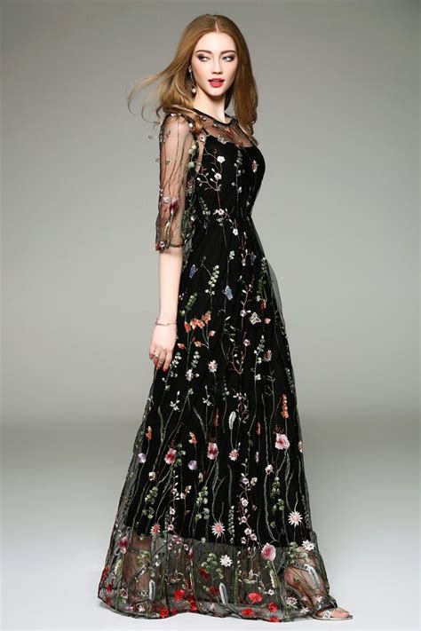 Elegant Black Flower Embroidered Dress Black Flower Embroidered Dress Flower Embroidered