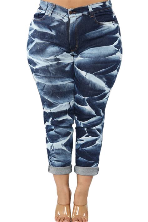 Lovely Casual Print Deep Blue Plus Size Jeanslw Fashion Online For